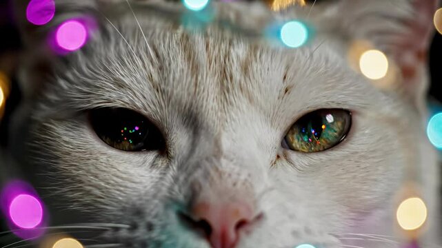 Hypnotic macro close-up of a white cat's reflective emerald green eyes blinking slowly and peering through deep darkness illuminated by vibrant, abstract bokeh lights pet, mystery, quiet
