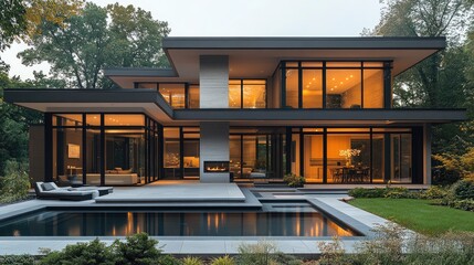 Modern architectural design of a luxurious home featuring large windows, outdoor pool, and landscaped garden, showcasing elegance and contemporary style