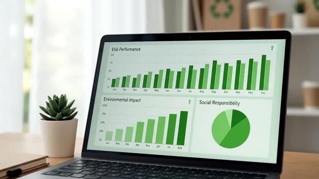 Sustainable Business Strategy ESG Performance and Social Responsibility on Laptop