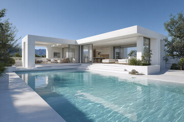 Fototapeta premium Modern minimalist single story house exterior with large glass doors opening to spacious patio and clear swimming pool under bright blue sky, creating serene and luxurious atmosphere