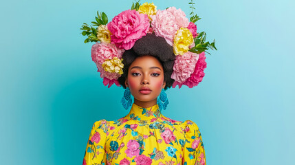 Stunning portrait of confident young Black woman with afro adorned by dramatic halo of lush pink and yellow peonies, wearing vibrant floral yellow dress and bright blue earrings on cyan background.
