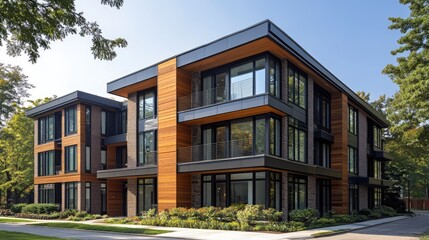 Modern Urban Architecture with Elegant Wooden Facade and Large Windows Surrounded by Lush Greenery in Bright Sunny Day