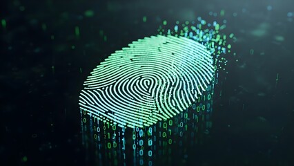 Digital fingerprint with binary code dissolving into particles on dark background, concept for cybersecurity and identity verification