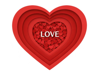 Red heart filled with love symbols isolated on transparent background