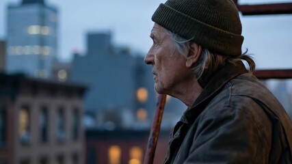 old guy - An elderly man wearing a beanie gazes thoughtfully into the distance from a rooftop, surrounded by urban architecture glowing with warm lights in the twilight
