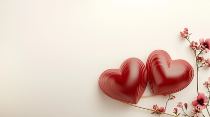 Charming Valentine s Day Romantic Concept Two Intertwined Red Hearts Surrounded by Delicate Flowers