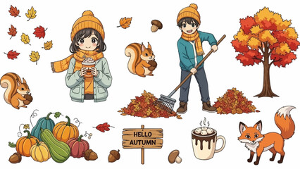 Fototapeta premium Autumn scene with children, animals, and harvest elements