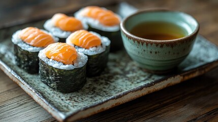 Fresh Salmon Sushi Rolls Served on Rustic Plate with Dipping Sauce in Elegant Bowl for Culinary and Gastronomy Photography