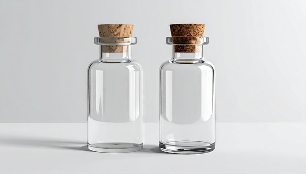 Two empty glass bottles with corks are standing on a white surface, creating a minimalist composition.