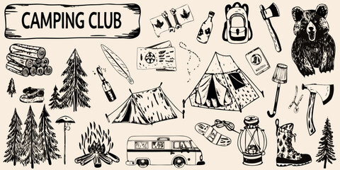 A hand drawn collection of camping equipment and wilderness elements