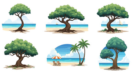 Serene beach trees and palm trees by ocean