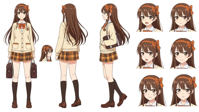 Anime schoolgirl character sheet with multiple poses and expressions