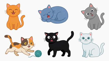 Modern Flat Vector Illustration of Cat Facial Expressions Collection Showing Various Emotions and Moods
