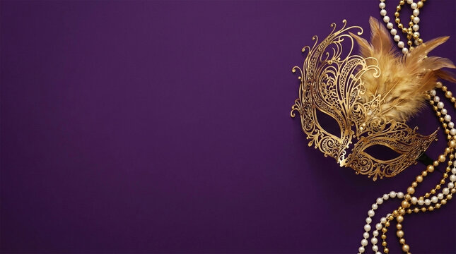 Elegant golden venetian masquerade mask with feathers and pearls on a deep purple background for celebrations