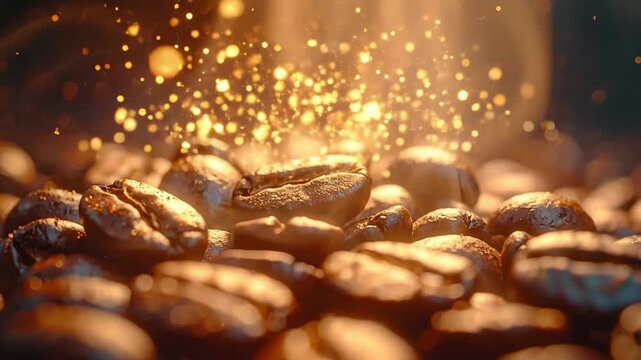Close-up of roasted coffee beans with golden light and steam rising, creating a warm atmosphere.