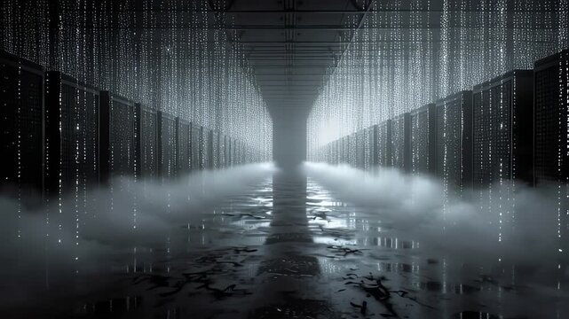Futuristic Server Room with Data Stream and Fog
