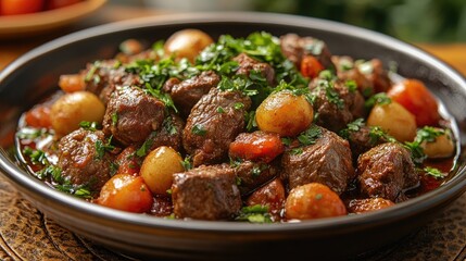 Rich and Hearty Beef Stew with Colorful Vegetables and Fresh Herbs Served in a Rustic Bowl for a Cozy Meal Experience