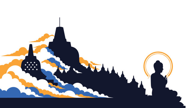 Silhouette of a Buddhist temple complex and a seated Buddha statue is set against a bright sun and morning clouds.