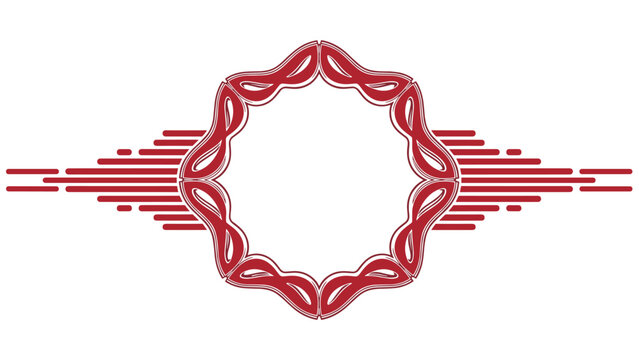 Decorative red frame with symmetrical abstract patterns is shown horizontally on a white background for text.