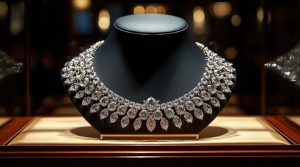 Exquisite Diamond Necklace Displayed Elegantly on a Bust Form in Luxurious Jewelry Showcase with Soft Lighting and Reflective Surface