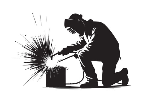 welding logo vector silhouette design, welder logo icon silhouette, vector silhouettes of workers welding metal, fabrication work vector silhouette logo design on white background