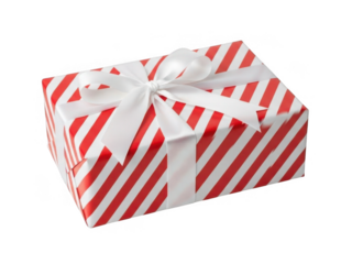 Red and white striped gift box with bow isolated on transparent background