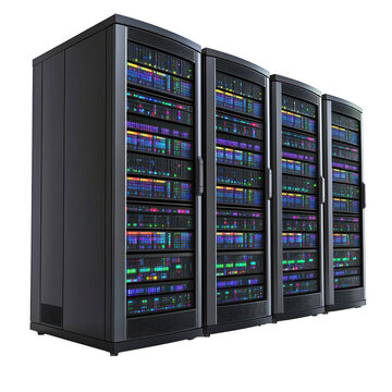Several server units stacked in a row, working in unison to handle high traffic. full length isolate on transparent background