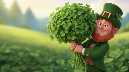 Cartoon man leprechaun holding bunch of shamrock. St Patricks day greeting card. Traditional Irish holiday symbol of good luck and fortune.