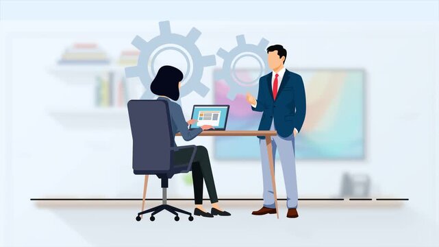 Manager Explaining Ideas to Coworker. Coworkers collaborating concept. Full length animation illustration. High quality&nbsp;4k&nbsp;footage