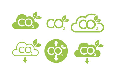 CO2 neutral icon set. Carbon gas emission reduction green labels. Ecology, environment, air pollution improvement concept. Flat Vector