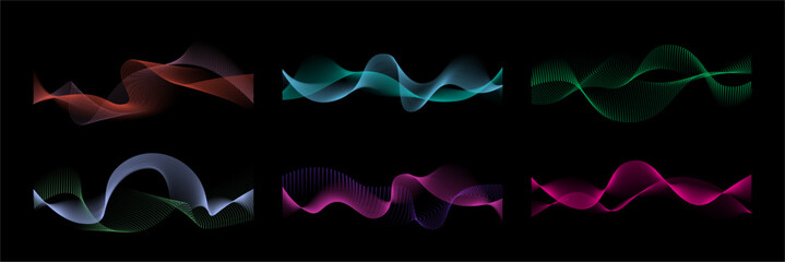 Motion sound waves set. Vector abstract gradient lines pulsing. Dynamic music or energy flows. Symbols of digital art and multimedia projects. Fluid stream or moving colorful circulation