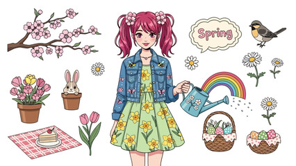 Cute girl in spring garden with flowers and bunny