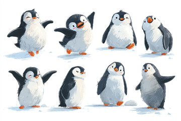Fototapeta premium Cute playful penguin illustration set with multiple poses and expressions, showing joyful and lively mood in charming flat style drawing on white background