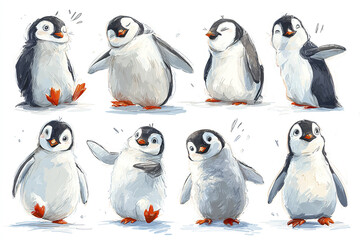 Fototapeta premium Cute penguin illustration with multiple poses and expressions showing playful and joyful emotions in charming and artistic style