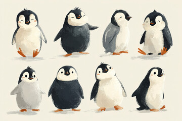 Fototapeta premium Cute penguin illustration with multiple poses and expressions, featuring adorable black and white birds with orange feet, conveying playful and joyful emotions in soft artistic style