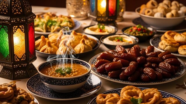 Delicious Iftar Meal Spread Featuring Medjool Dates and Arabic Cuisine for Ramadan