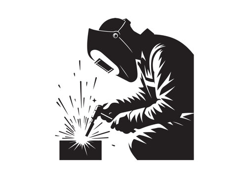 welding logo vector silhouette design, welder logo icon silhouette, vector silhouettes of workers welding metal, fabrication work vector silhouette logo design on white background