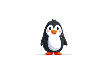 Obraz premium Cute penguin cartoon character standing front view with orange beak and feet, black and white body, and happy expression on white background