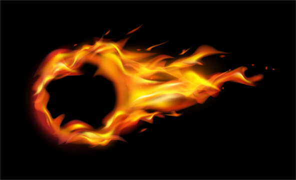 Fire circle frame or border with trail. Vector realistic isolated round fiery decoration for game design. Glowing and burning effect for UI, magic flare and hot sparks wheel, energy ball