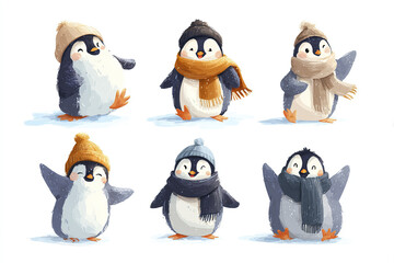 Obraz premium Cute penguin cartoon set wearing winter hats and scarves, happily playing and posing in snow with joyful expressions and playful gestures in festive winter scene