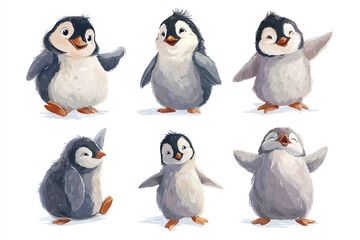 Fototapeta premium Cute baby penguin set with six different poses and expressions, featuring fluffy feathers and playful gestures, perfect for kids design and cartoon art collection