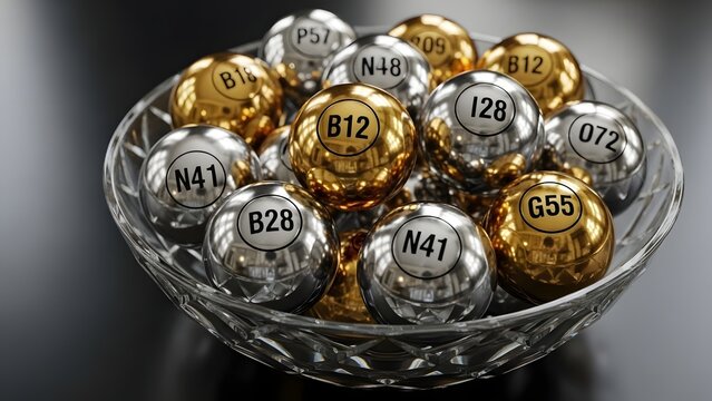 Assorted metal spheres in glass bowl