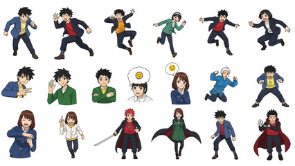 Fototapeta premium A group of anime characters in various poses and outfits on a white background
