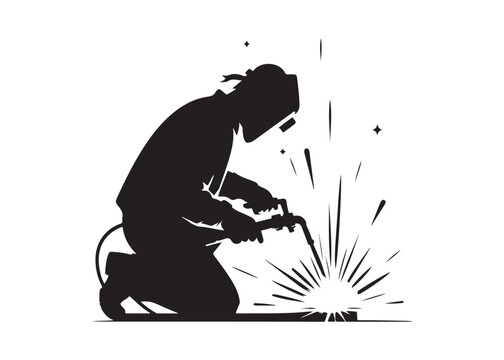 welding logo vector silhouette design, welder logo icon silhouette, vector silhouettes of workers welding metal, fabrication work vector silhouette logo design on white background