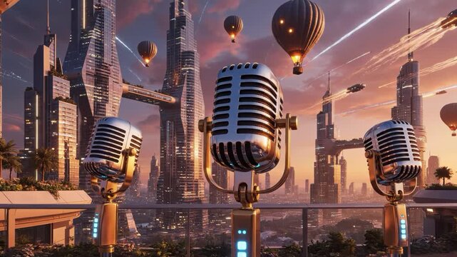 Three vintage microphones on a futuristic city balcony with hot air balloons and spaceships flying by