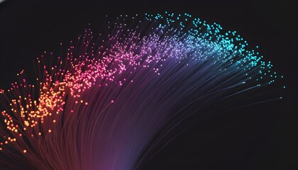 Vibrant particles dance in a dark, curved trajectory, illuminated by colorful lights from an abstract viewpoint