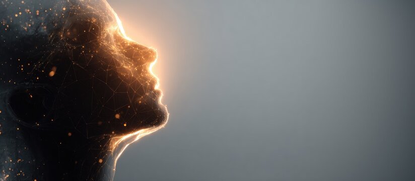 Abstract side profile of a human head formed by glowing particles, concept of artificial intelligence, mind, and data