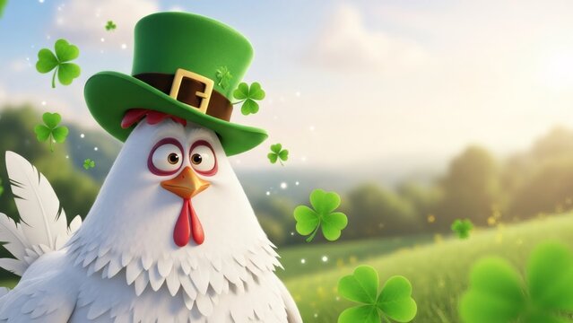 Chicken in green leprechaun hat for Saint Patrick Day celebration. Cute animal character with shamrock, luck and Irish holiday concept.