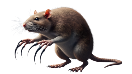 Digitally created rodent, featuring tan fur and sharp claws, positioned against a dark backdrop. The detailed rendering emphasizes textures