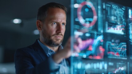 Man interacting with digital display screen